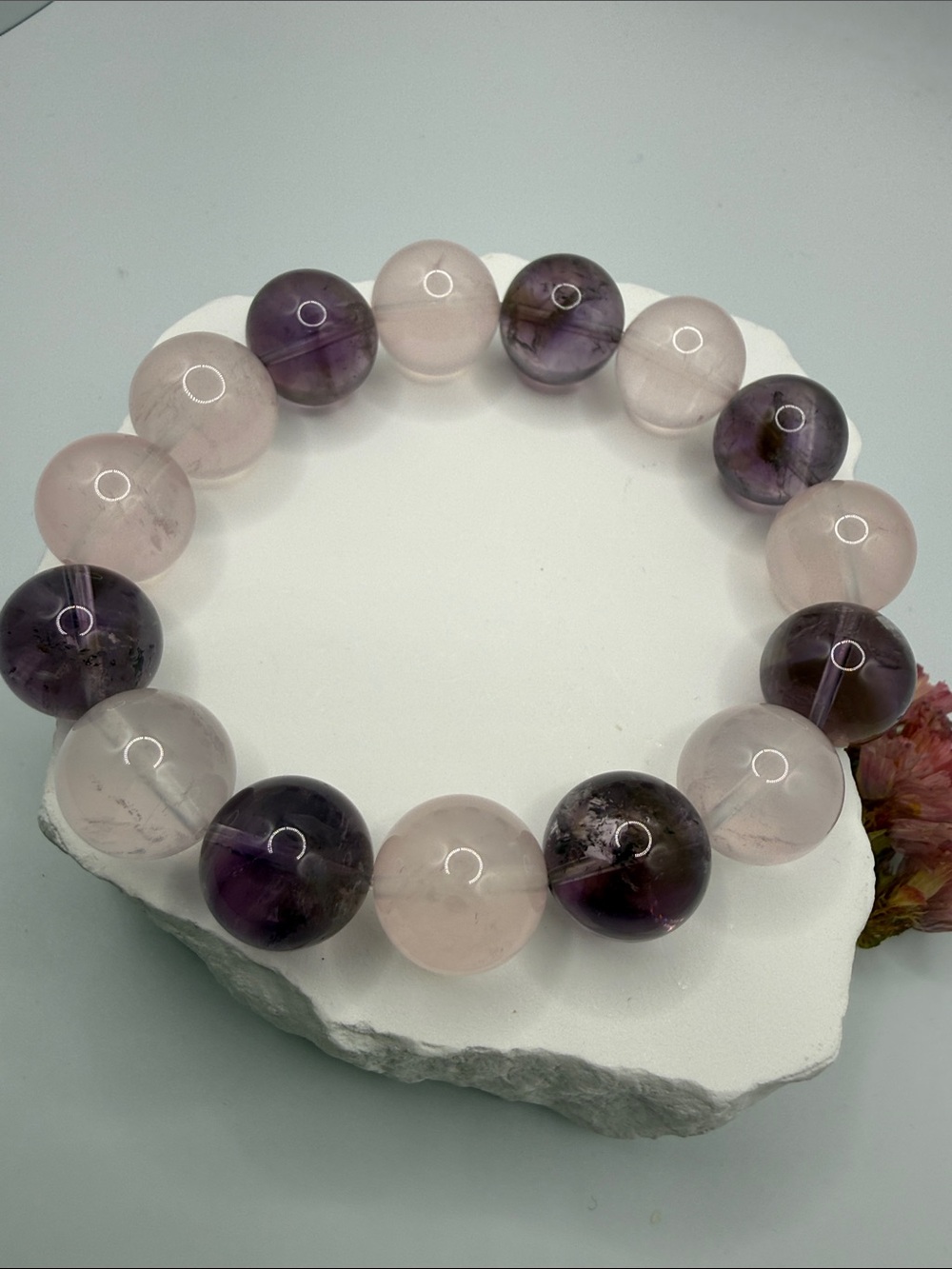 Amethyst & Rose Quartz Beaded Stretch Bracelet - Purple and Pink - Picture 7 of 7
